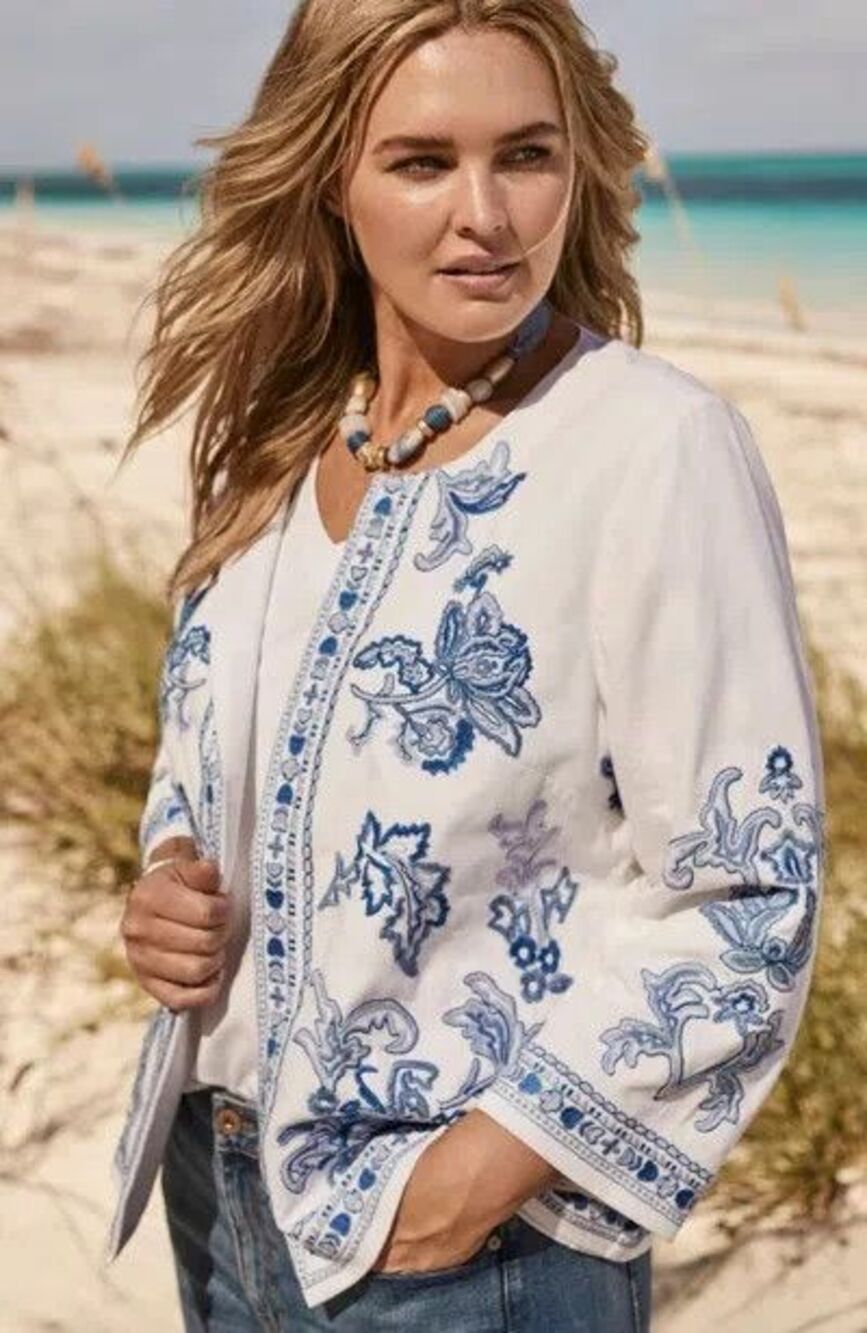 J.Jill Womens Lightweight Floral Embroidered Jacket White Blue Size S